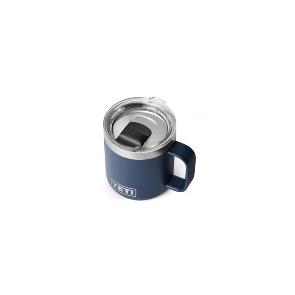 Navy | YET Rambler 10oz Stackable Mug With Durasip Ceramic Lining Image Showing Top View, Lid On.