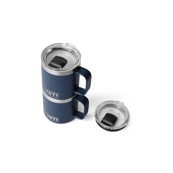 Navy YETI Rambler 10oz Stackable Mug With Durasip Ceramic Lining Image Showing Two Yeti 10oz Mugs Stacked Together.
