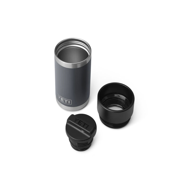 Charcoal | YETI Rambler 12oz Bottle With Hotshot Lid Image Showing Top View, Lid Off With The 360 Screw Cap Off.