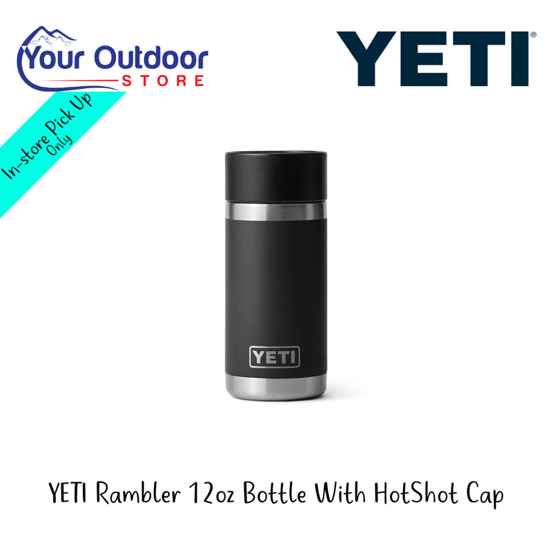 YETI Rambler 12oz Bottle With Hotshot Cap | Hero Image Showing All Logos And Titles.