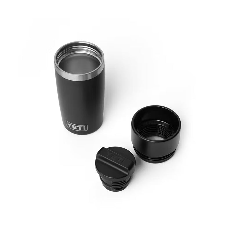 Black | YETI Rambler 12oz Travel Bottle With Commuter Cap Image Showing Top View, With Caps Off.