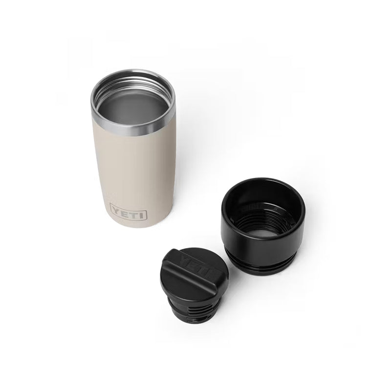 Cape Taupe | YETI Rambler 12oz Travel Bottle With Commuter Cap Image Showing Top View With Caps Off.