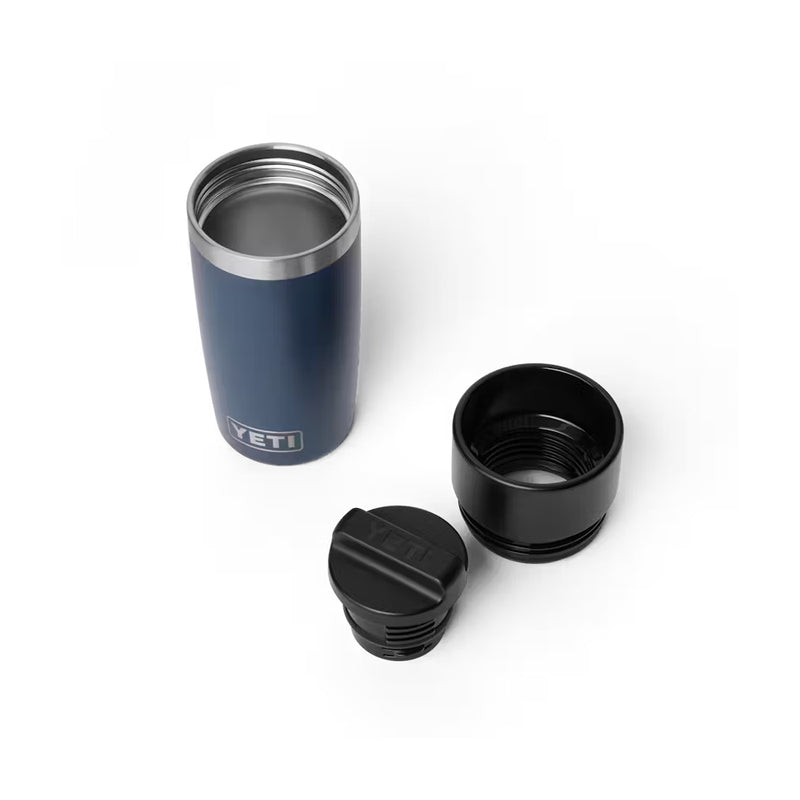 Navy | YETI Rambler 12oz Travel Bottle With Commuter Cap Image Showing Top View With Caps Off.
