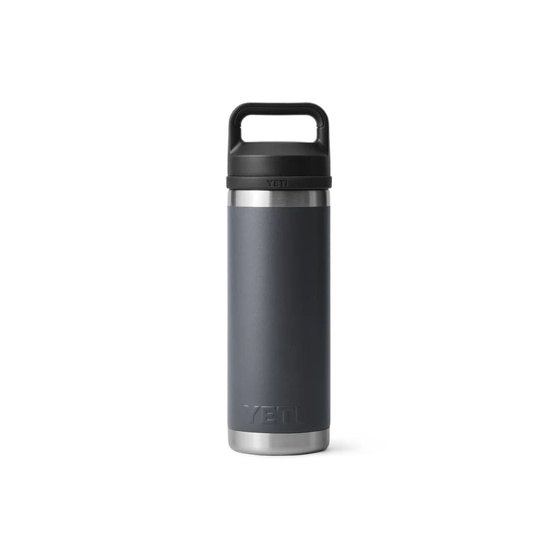 Charcoal | YETI Rambler 18oz Bottle With Chug Cap Image Showing Back View.