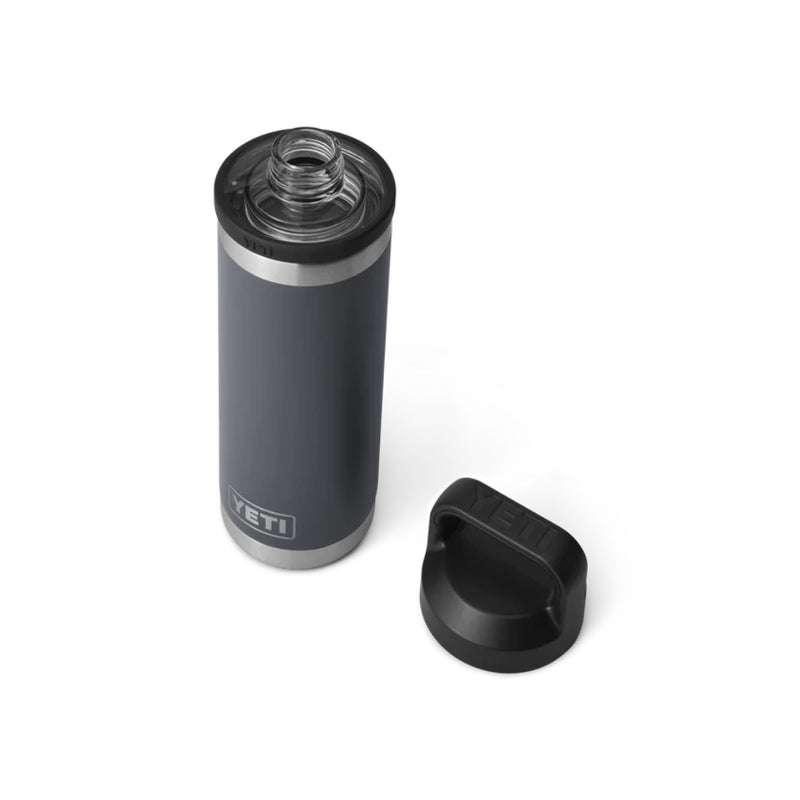 Charcoal | YETI Rambler 18oz Bottle With Chug Cap. Showing Open Chug Cap.