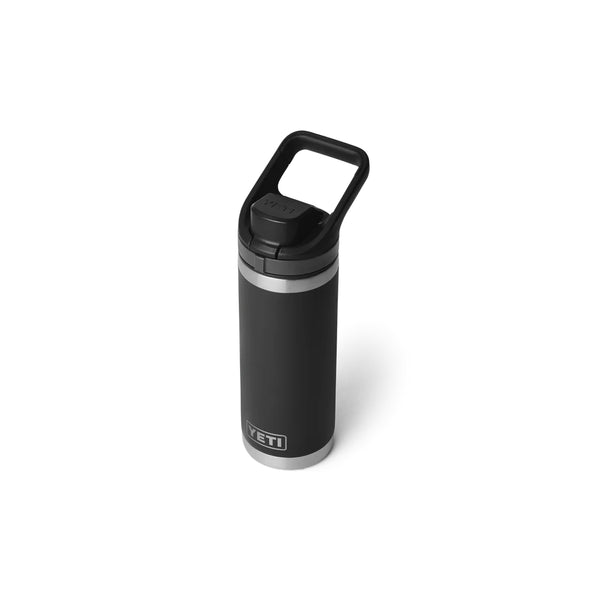 Black | YETI Rambler 18oz Bottle With Flip Chug Cap Image Showing Angled Top View, Chug Cap Closed.