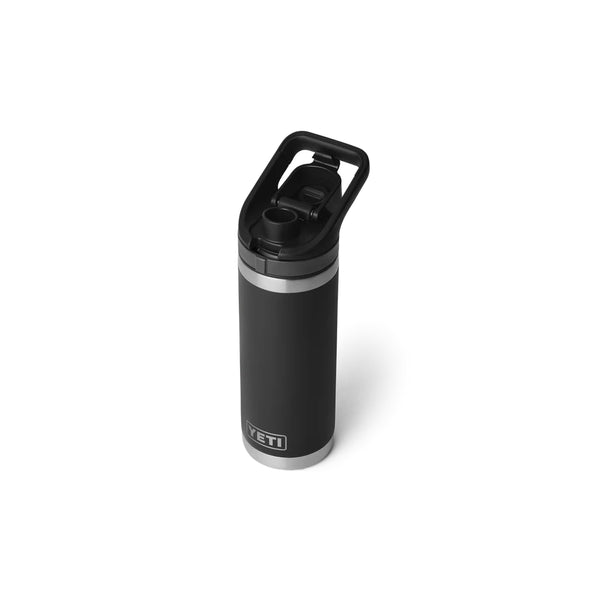 Black | YETI Rambler 18oz Bottle With Flip Chug Cap Image Showing Angled Top View, Chug Cap Open.