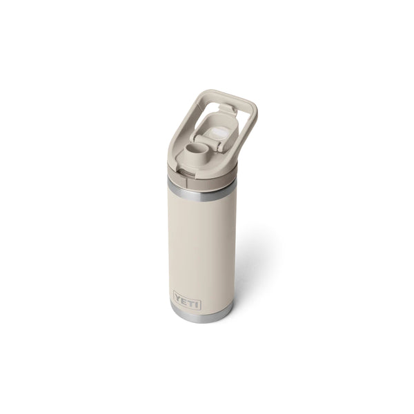 Cape Taupe | YETI Rambler 18oz Bottle With Flip Chug Cap Image Showing Angled Top View, Chug Cap Open.