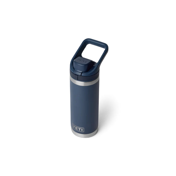 Navy | YETI Rambler 18oz Bottle With Flip Chug Cap Image Showing Angled Top View Chug Cap Closed.