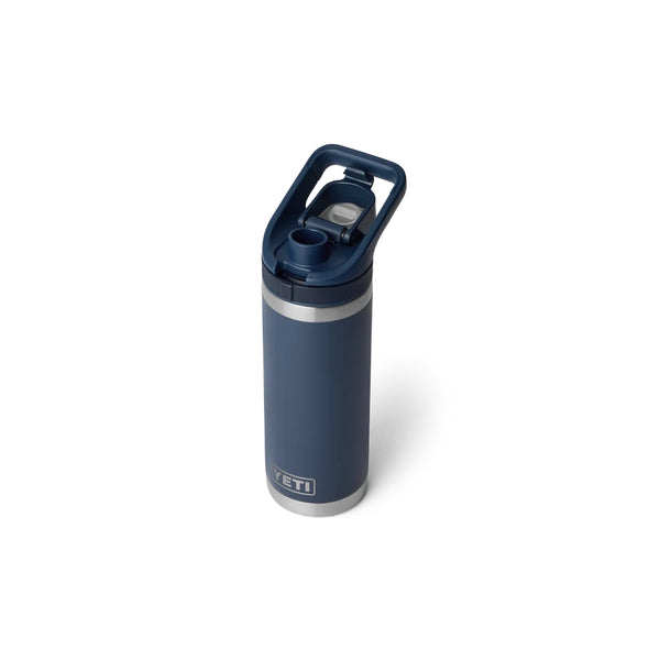 Navy | YETI Rambler 18oz Bottle With Flip Chug Cap Image Showing Angled Top View, Chug Cap Open.