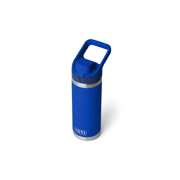 Royal Blue | YETI Rambler 18oz Bottle With Flip Chug Cap Image Showing Angled Top View, Chug Cap Closed.