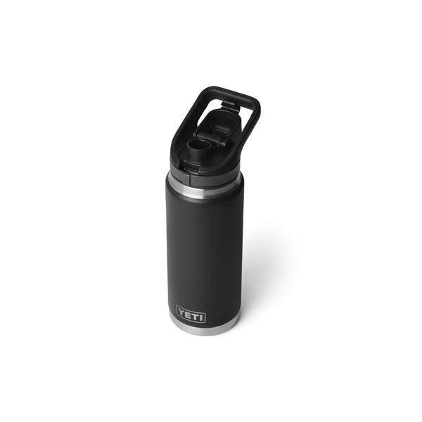 Black | YETI Rambler 26oz Bottle With Flip Chug Cap Image Showing Angled top View, Cap Open.