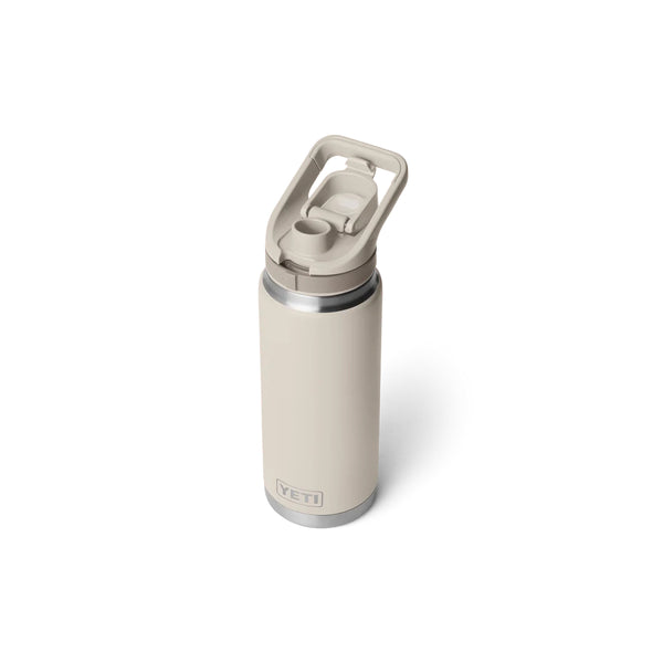 Cape Taupe | YETI Rambler 26oz Bottle With Flip Chug Cap Image Showing Angled Top View, With Cap Open.
