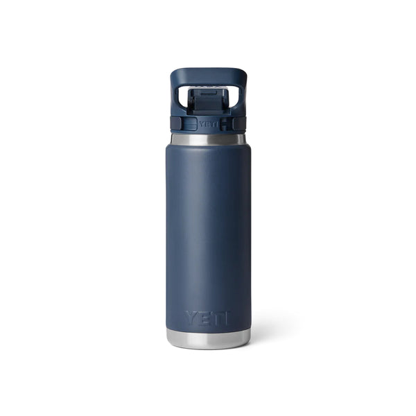 Navy | YETI Rambler 26oz Bottle With Flip Chug Cap Image Showing Back View.
