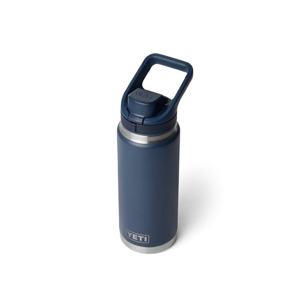 Navy | YETI Rambler 26oz Bottle With Flip Chug Cap Image Showing Angled Top View, Cap Closed.