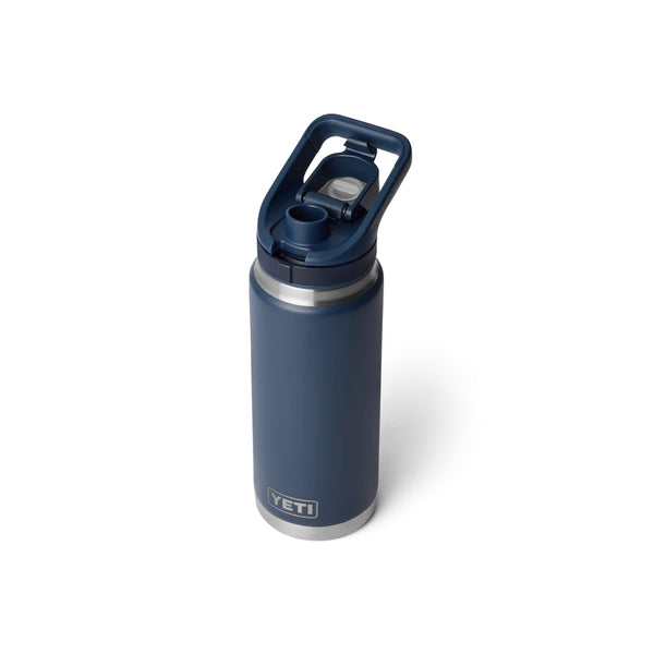Navy | YETI Rambler 26oz Bottle With Flip Chug Cap Image Showing Angled Top View, With Cap Open.