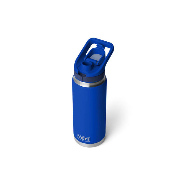 Royal Blue | YETI Rambler 26oz Bottle With Flip Chug Cap Image Showing Angled Top View, With Cap Open.