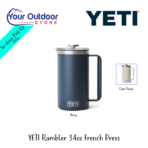 YETI Rambler 34oz French Press | Hero Image Showing All Logos And Titles.