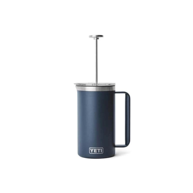 Navy | YETI Rambler 34oz French Press Image Showing Front View With Plunger Up.