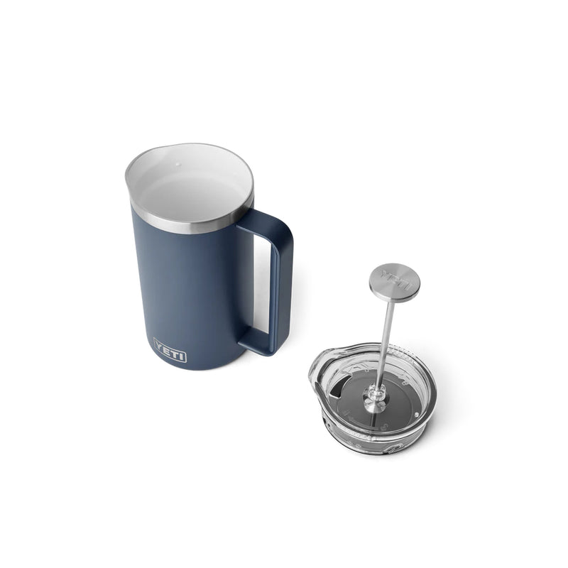 Navy | YETI Rambler 34oz French Press Image Showing Angled Top View Of Pitcher And Plunger Cap Side By Side.