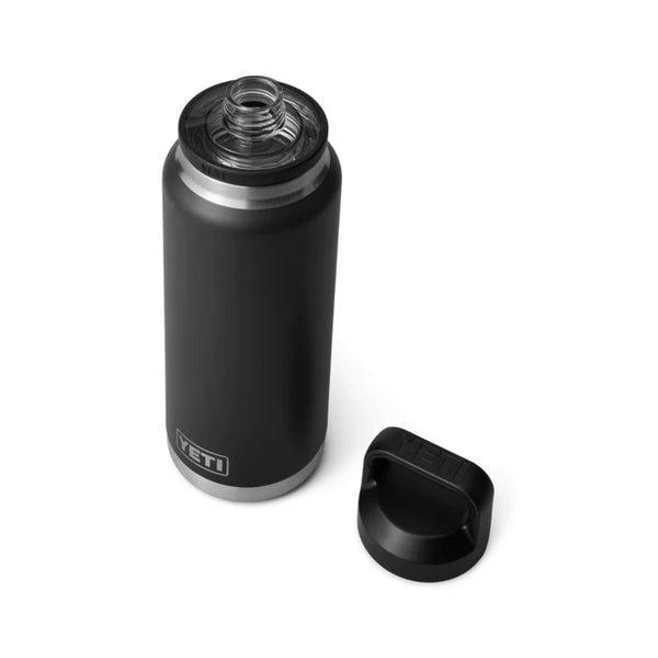 Black | YETI Rambler 36oz Bottle With Chug Cap Image Showing Angled Top View With Cap Off.