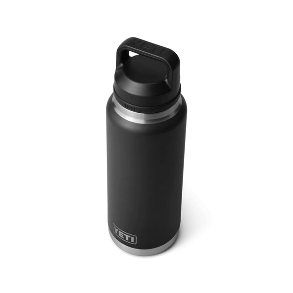 Black | YETI Rambler 36oz Bottle With Chug Cap Image Showing Angled Top View, Cap On.