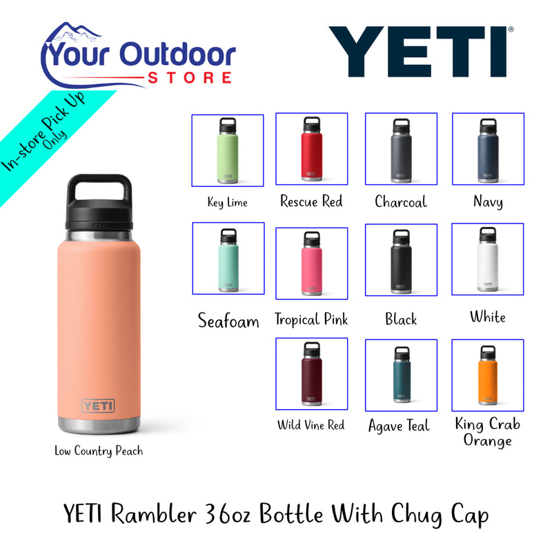 YETI Rambler 36oz Bottle With Chug Cap | Hero Image Showing All Logos Titles And Variants.