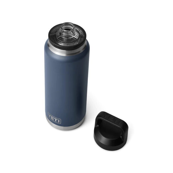 Navy | YETI Rambler 36oz Bottle With Chug Cap Image Showing Angled Top View Cap Off.