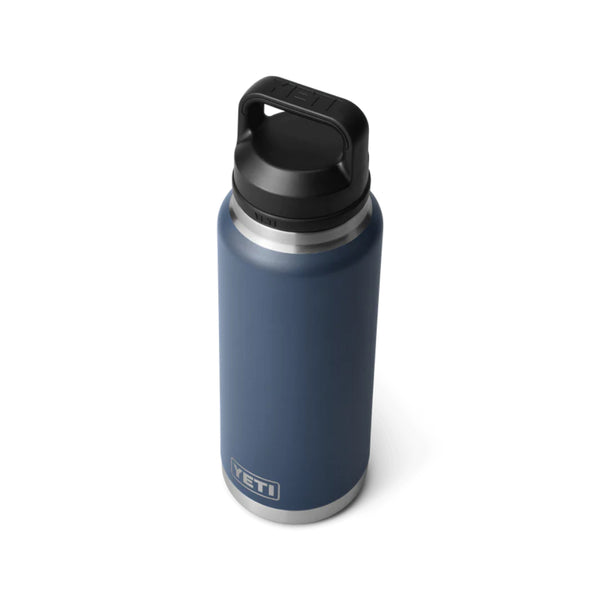 Navy | YETI Rambler 36oz Bottle With Chug Cap Image Showing Angled Top View, Cap On.