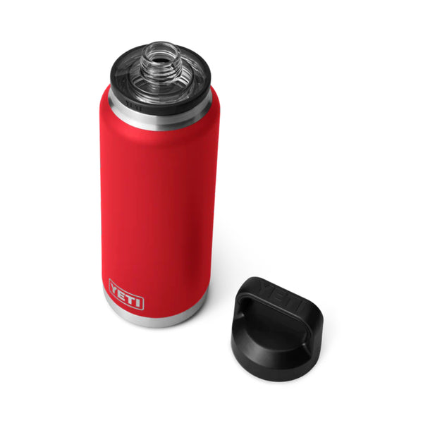 Rescue Red | YETI Rambler 36oz Bottle With Chug Cap Image Showing Angled Top View, Cap Off.