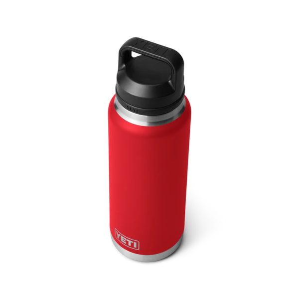 Rescue Red | YETI Rambler 
36oz Bottle With Chug Cap Image Showing Angled Top View, Cap On.