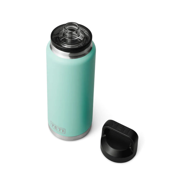Seafoam | YETI Rambler 36oz Bottle With Chug Cap Image Showing Angled Top View,  Cap Off.