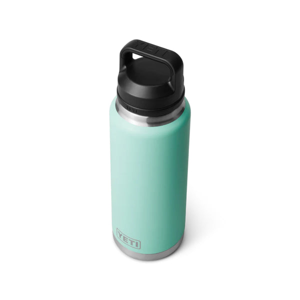 Seafoam | YETI Rambler 36oz Bottle With Chug Cap Image Showing Angled Top View, Cap On.