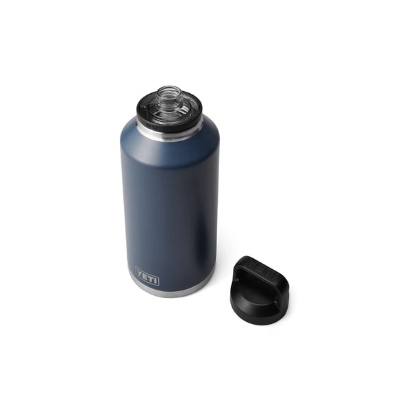 Navy | YETI Rambler 64oz Bottle With Chug Cap Image Showing Top View, Cap Off.
