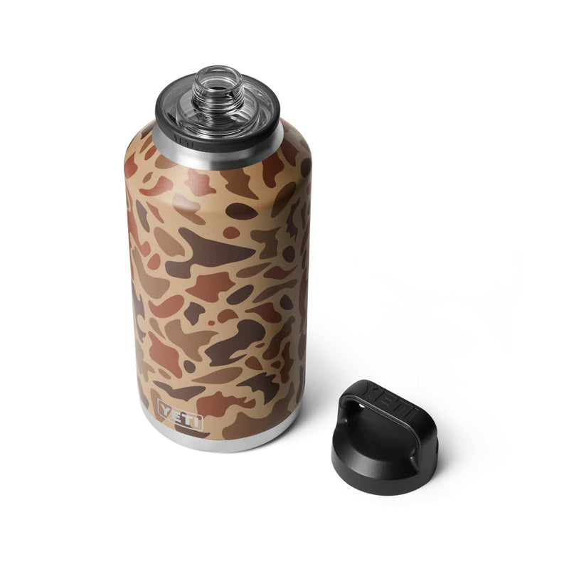 Wetlands Camo | YETI Rambler 64oz Bottle With Chug Cap Image Showing Cap Off.