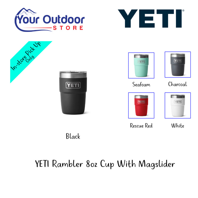 YETI Rambler 8oz Cup with Magslider. Hero Image Showing Variants, Logos and Title. 