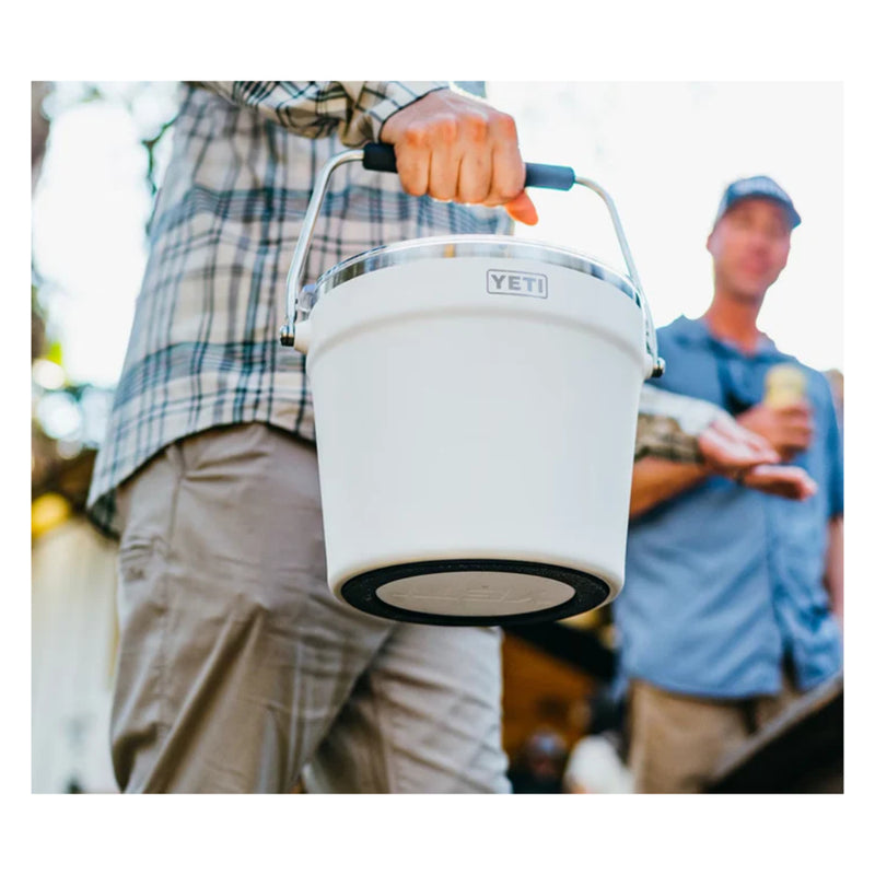 White | YETI Rambler Beverage Bucket. Showing Barefoot Ring on the Bottom to Reduce Slippage and Scratching.
