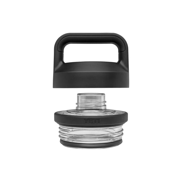 Black | YETI Rambler Bottle Chug Cap Image Showing Mouth Piece And Handle Not Connected.