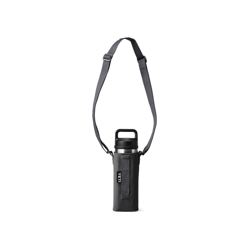 Charcoal | YETI Rambler Bottle Sling Small Image Showing 18oz Bottle In Sling, With Shoulder Strap Up.