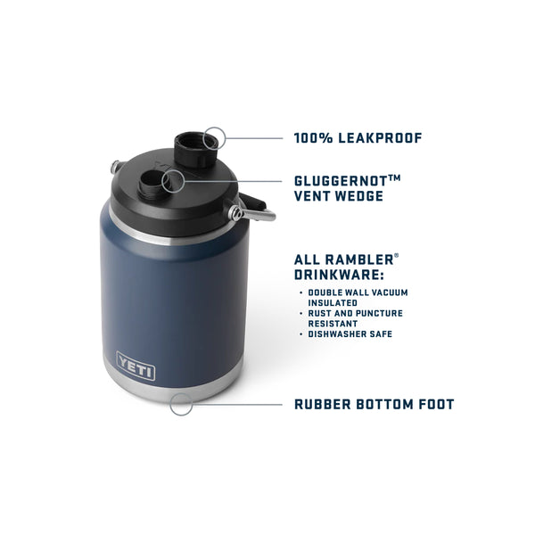 Navy | YETI Rambler Half Gallon Jug 2.0 Image Showing Features Of The New And Improved YETI Rambler Jug 2.0.