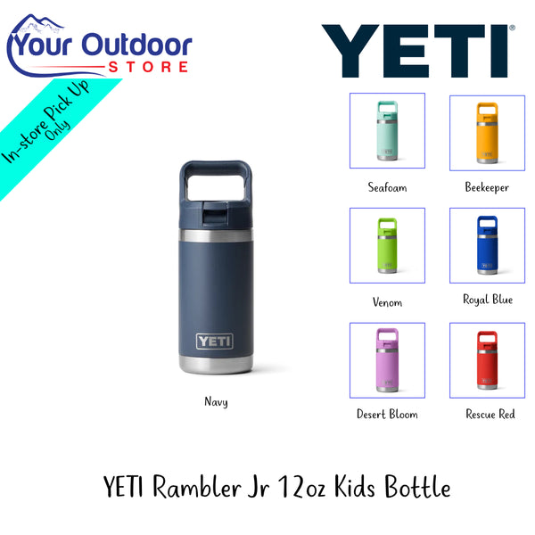 YETI Rambler Jr 12oz Kids Bottle | Hero Image Showing All Logos And Titles.