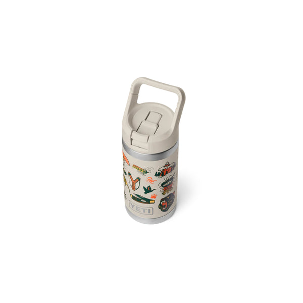 Cape Summer Camp | YETI Rambler Jr 12oz Kids Bottle Summer Camp Edition Image Showing Angled Top View, Straw Down.