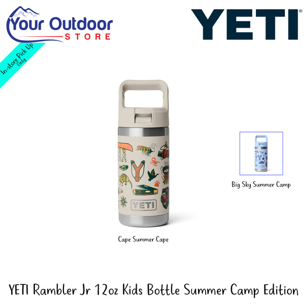 YETI Rambler Jr 12oz Kids Bottle Summer Camp Edition | Hero Image Showing All Logos And Titles.