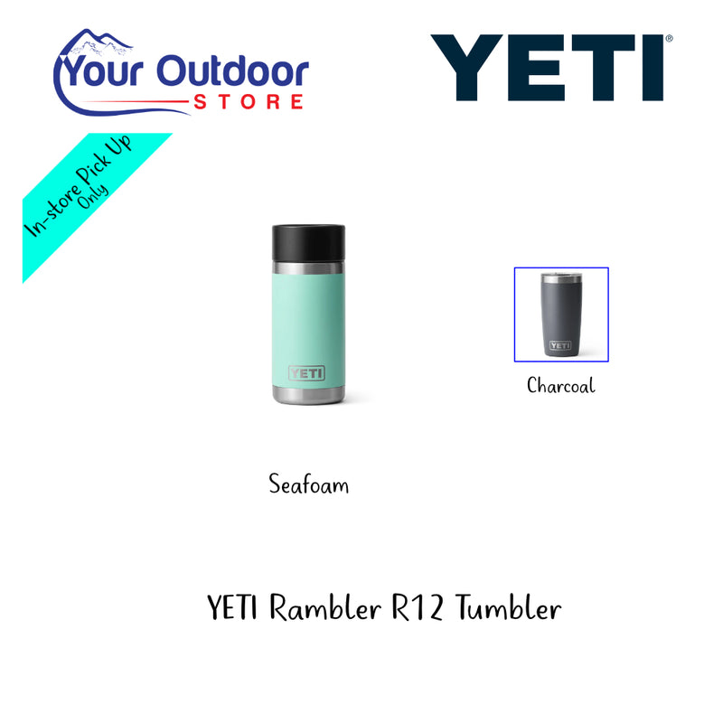 YETI Rambler R12 Tumbler. Hero Image Showing Variants, Logos and Title.