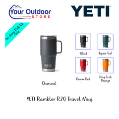 YETI Rambler R20 Travel Mug. | Hero Image Showing Variants, Logos and Titles.