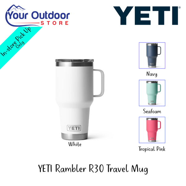 YETI Rambler R30 Travel Mug | Hero Image Showing All Logos, Titles And Variants.
