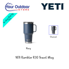 YETI Rambler R30 Travel Mug. Hero Image Showing Variants, Logos and Title. 