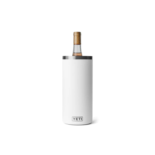 White | YETI Rambler Wine Chiller Image Showing Front View With Bottle In, No Logos Or Titles.
