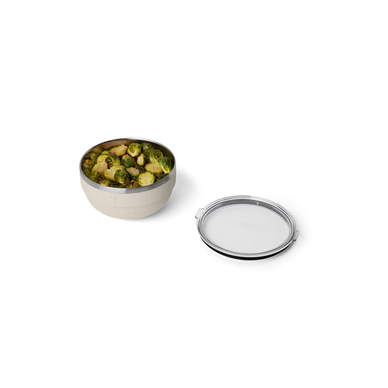 Cape Taupe / 2 Quart | YETI Rambler Insulated Bowl Image Showing Angled View Of The Bowl Full Of Food, Lid Off.