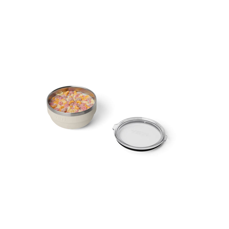 Cape Taupe / 1 Quart  YETI Rambler Insulated Bowl Image Showing Bowl Full Of Cereal Lid Off.